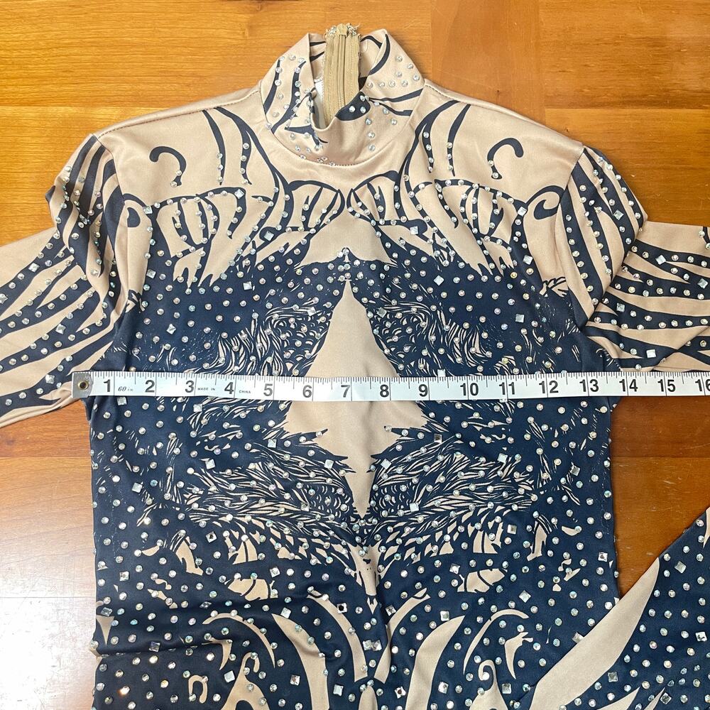 BANJUL Rhinestone Bodysuit Catsuit Nude Black Tribal Print Stretch Jumpsuit - Picture 13 of 15